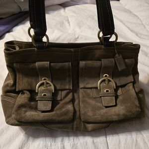 Brown Suede Handbag with Buckle Accents